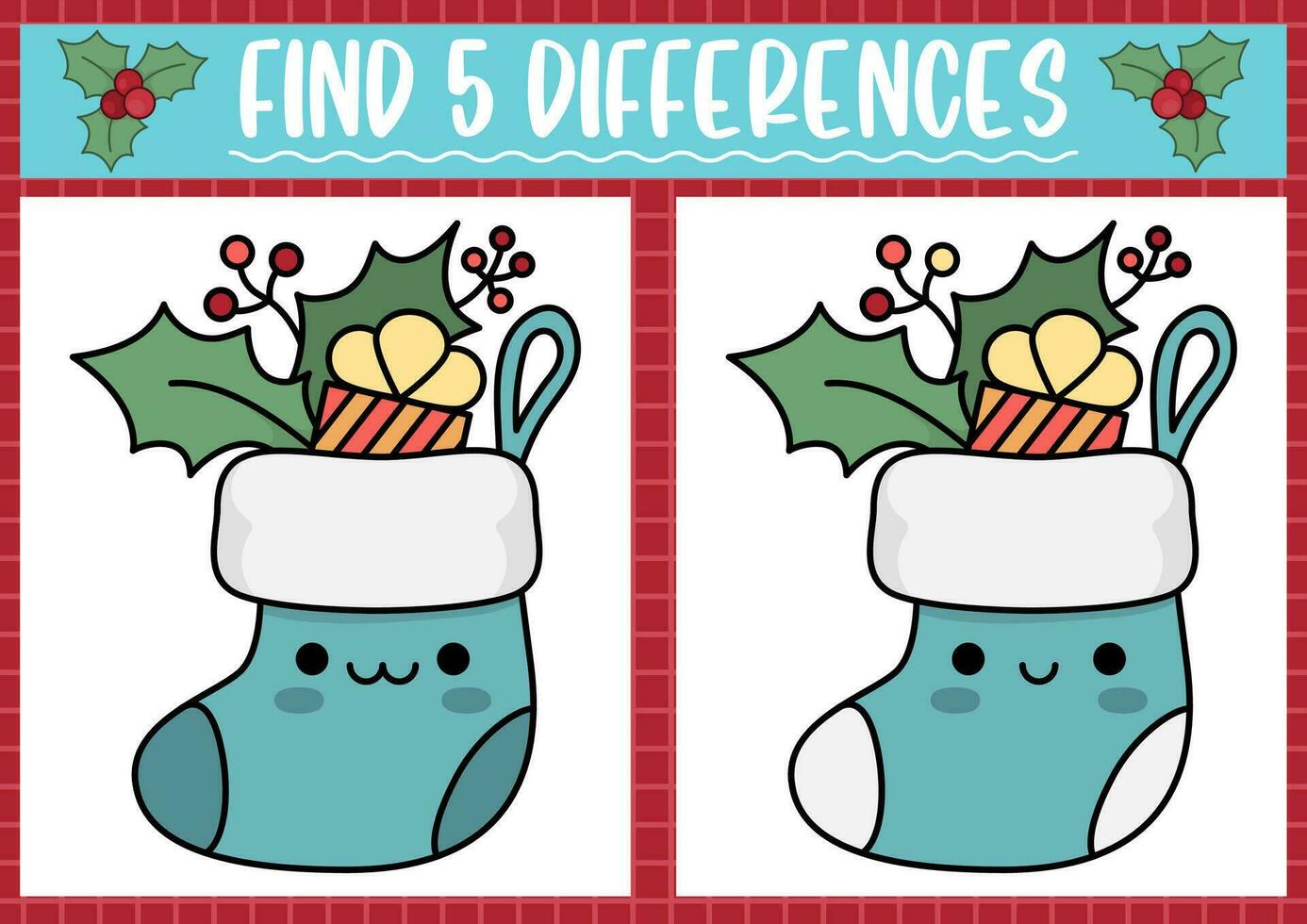 Christmas find differences game for children. Attention skills activity with cute stocking with present. New Year puzzle for kids with funny characters. Printable what is different worksheet vector