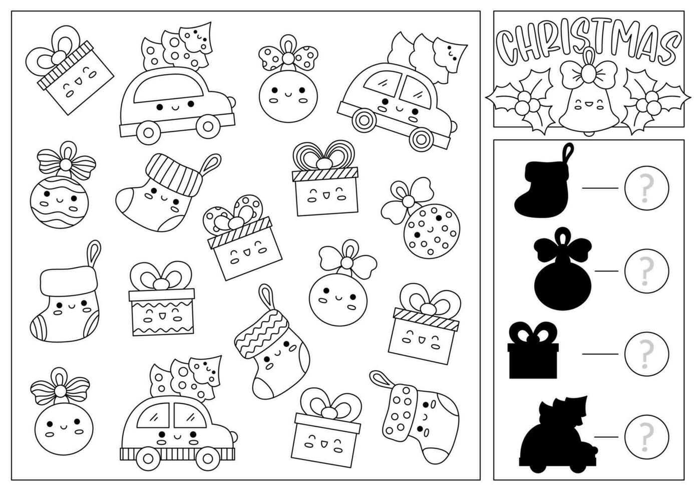 Christmas black and white I spy and shadow match game for kids. Searching and counting line activity with cute kawaii winter holiday symbols. New Year printable worksheet or coloring page vector