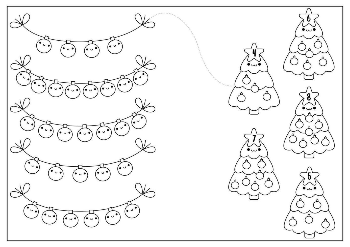 Christmas black and white matching game with cute kawaii fir tree, colored balls. Winter line holiday math activity for preschool kids. Educational printable New Year counting coloring page vector