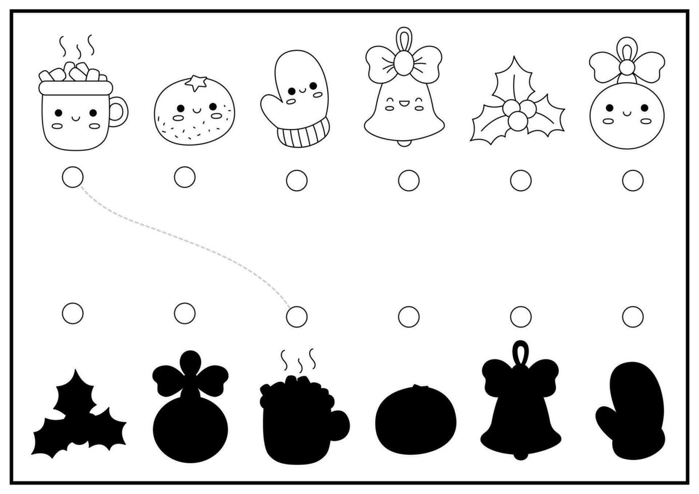 Christmas black and white shadow matching activity. Winter holiday puzzle with cute kawaii cacao, orange, mitten. Find correct silhouette printable worksheet. New Year coloring page for kids vector