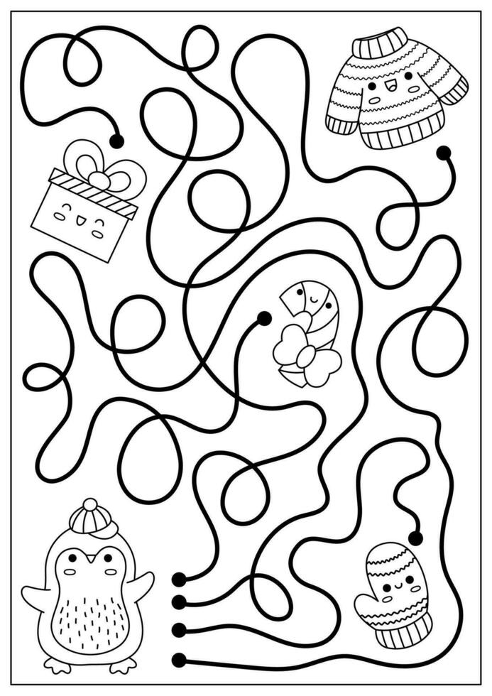 Christmas black and white maze for kids. Winter line holiday preschool printable activity with cute kawaii penguin, sweater, mitten, present. New Year labyrinth game, puzzle or coloring page vector