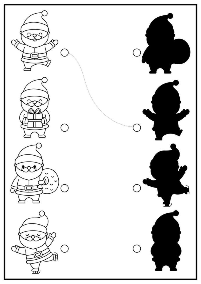 Christmas black and white shadow matching activity. Winter holiday puzzle with cute kawaii Santa Claus. Find correct silhouette printable worksheet. New Year coloring page for kids vector