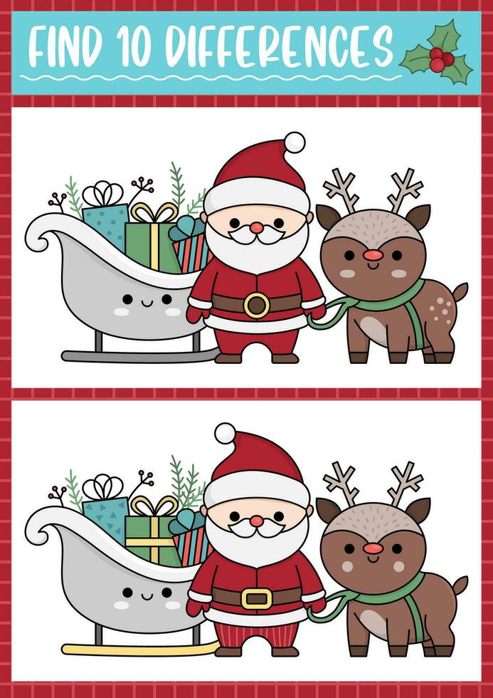 Christmas find differences game for children. Attention skills activity with cute Santa Claus, sledge, deer. New Year puzzle for kids with funny characters. Printable what is different worksheet vector