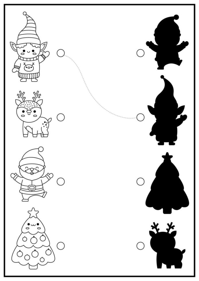 Christmas black and white shadow matching activity. Winter holiday puzzle with cute kawaii Santa Claus, elf, deer, tree. Find correct silhouette printable worksheet. New Year coloring page for kids vector