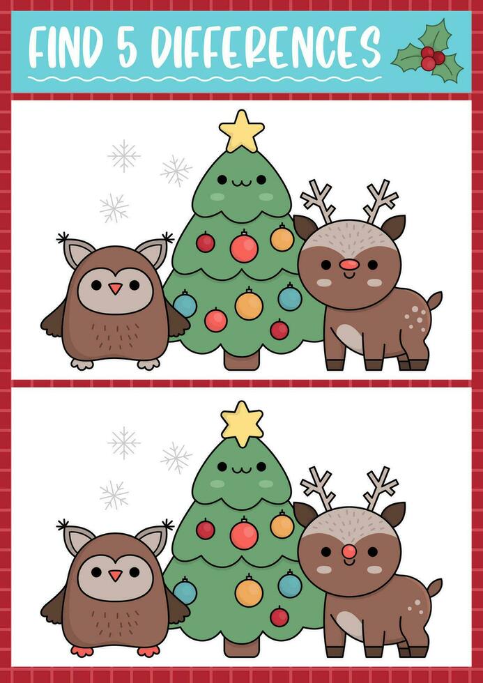 Christmas find differences game for children. Attention skills activity with cute fir tree, owl, deer, stars. New Year puzzle for kids with funny characters. Printable what is different worksheet vector