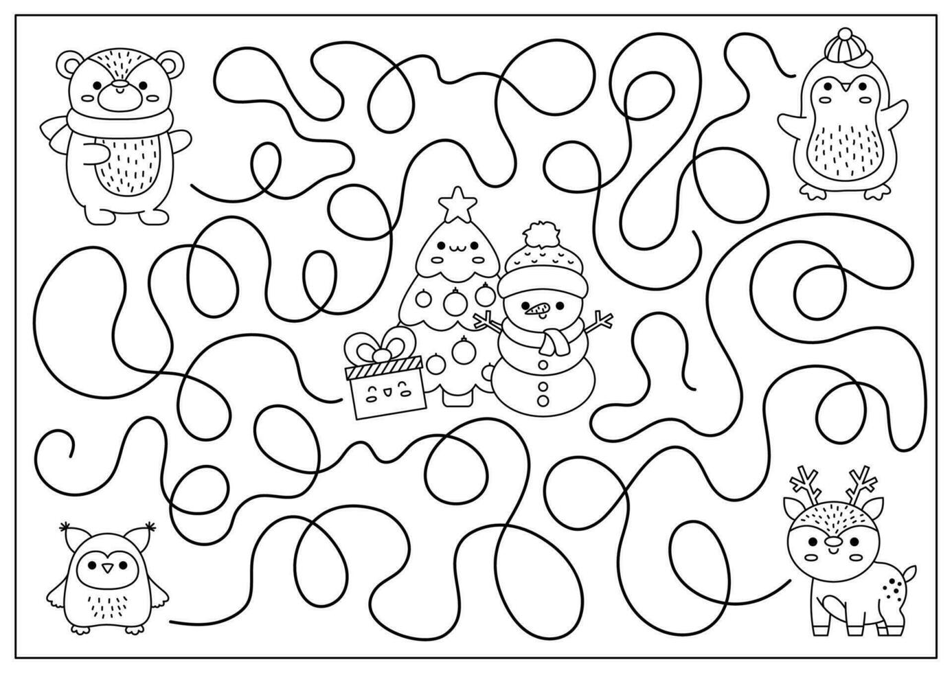 Christmas black and white maze for kids. Winter line holiday preschool printable activity with cute kawaii deer, penguin, bear, tree, snowman. New Year labyrinth game, puzzle or coloring page vector