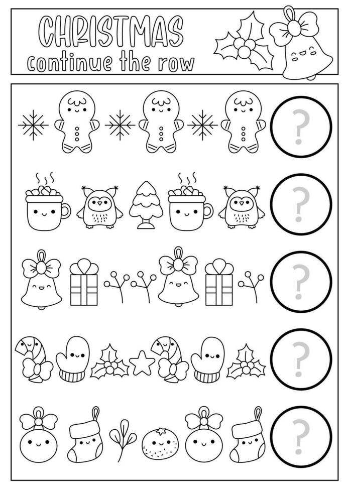 What comes next. Christmas black and white matching activity for preschool children with holiday symbols. Funny line kawaii puzzle. Winter New Year logical coloring page. Continue the row vector