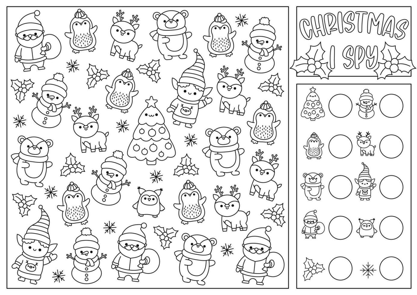 Christmas black and white I spy game for kids. Searching and counting activity with cute kawaii holiday symbols. Winter printable worksheet, coloring page. New Year spotting puzzle with fir tree vector