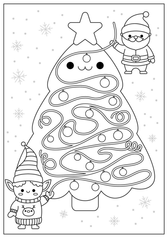 Christmas black and white maze for kids. Winter holiday preschool printable activity with cute kawaii Santa Claus and elf decorating tree with garland. New Year labyrinth game, puzzle or coloring page vector