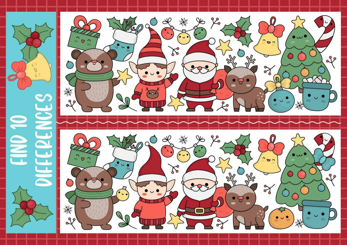 Christmas find differences game for children. Attention skills activity with cute Santa Claus, elf, deer, tree. New Year puzzle for kids with funny characters. Printable what is different worksheet vector