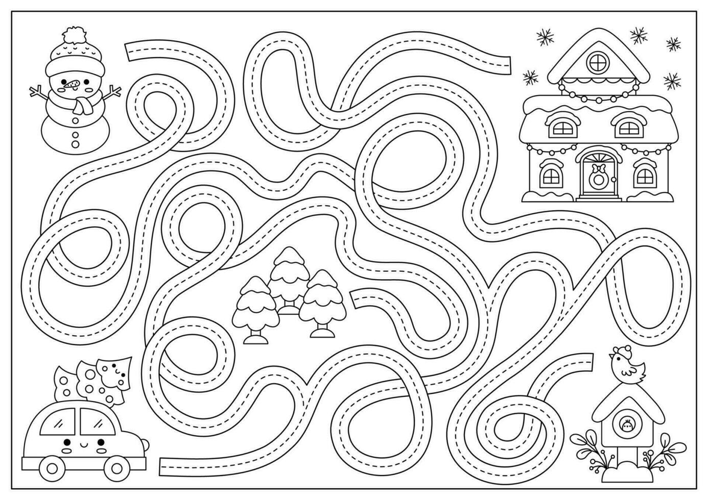 Christmas black and white maze for kids. Winter line holiday preschool printable activity with cute kawaii car, tree, decorated house. New Year labyrinth game, puzzle or coloring page vector