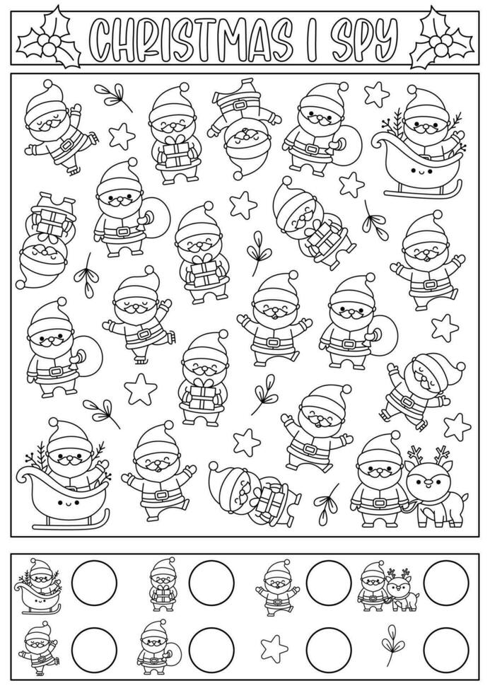 Christmas black and white I spy game for kids. Searching and counting line activity with cute kawaii holiday symbols. Winter printable worksheet, coloring page. New Year puzzle with Santa Claus vector