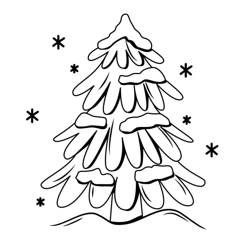 Vector illustration of a cozy spruce tree in the snow in winter in the style of doodles. Outline of a Scandinavian spruce on a white background. Winter illustration for coloring books