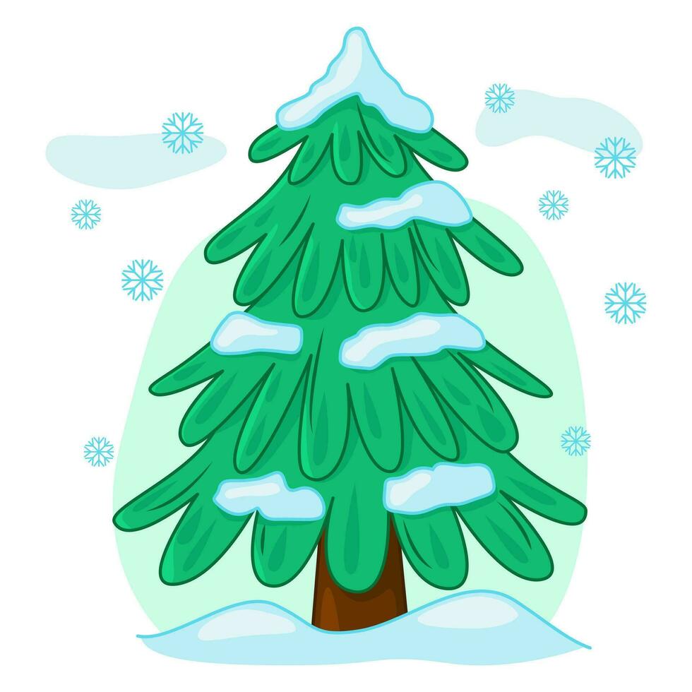 Vector spruce in the snow. Fluffy pine on a white background. Spruce covered with snow. Winter snow-covered tree in the forest