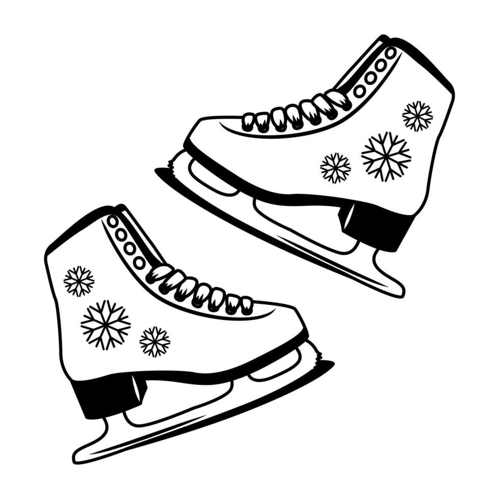 A set of figure skates for skating on ice. Drawing of the outline of a black line, vector, isolated on a white background. Equipment for winter recreation. vector