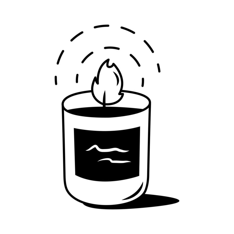 Burning aroma candle in a glass jar isolated on white background. Vector hand-drawn illustration in doodle style. Aromatherapy, relaxation design element.