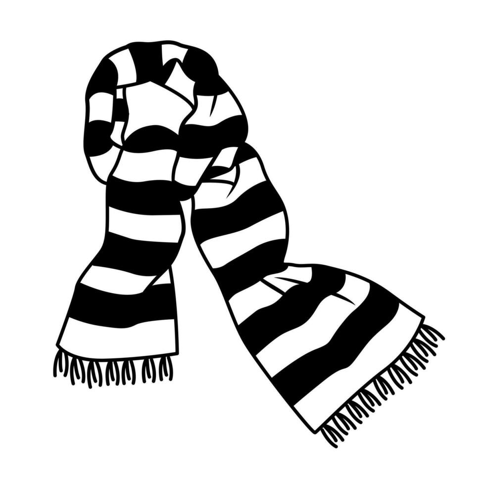 Sketch of a warm winter scarf. Vector black and white illustration of a striped knitted scarf in the style of a doodle isolated on a white background. A symbol of cold and winter