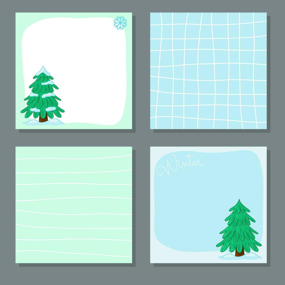 A set of winter pages for printing. A paper template for writing with a green spruce. Vector illustration of a winter spruce in the snow
