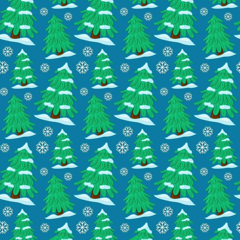 Seamless pattern of the winter forest. Christmas tree, snow. Forest green background. Festive Christmas wallpaper. Vector background for winter holidays, Christmas and New Year