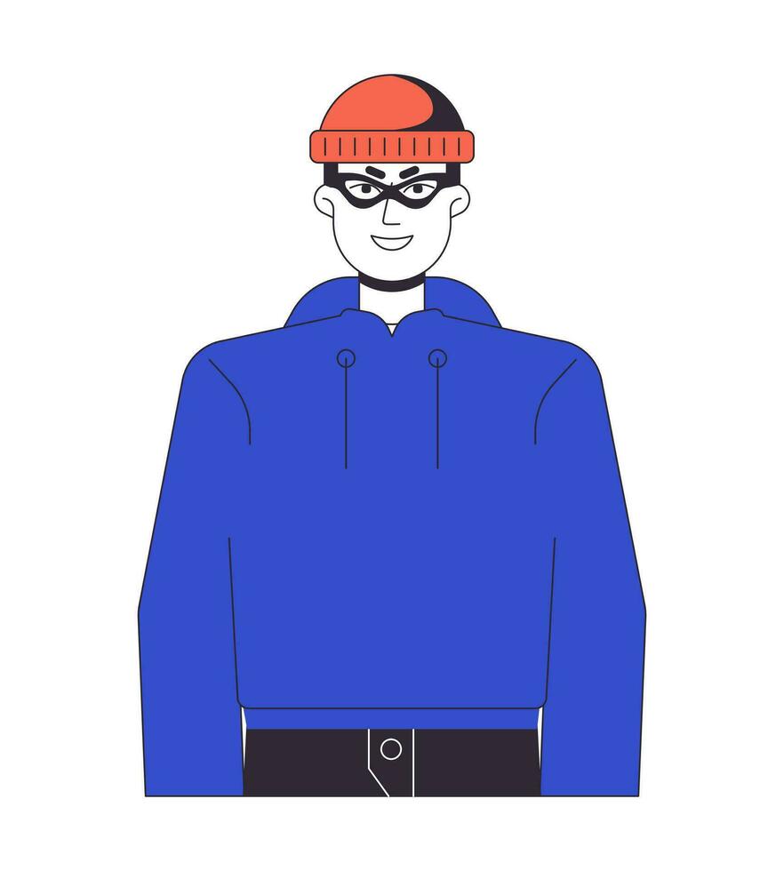 ladrón en gorra regodearse plano línea color vector personaje. joven caucásico hombre en sudadera. editable contorno lleno cuerpo persona en blanco. sencillo dibujos animados Mancha ilustración para web gráfico diseño