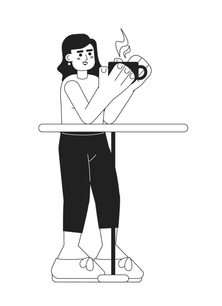 Caucasian woman drinking coffee monochromatic flat vector character. Cafeteria table. Coffee break. Editable thin line full body person on white. Simple bw cartoon spot image for web graphic design