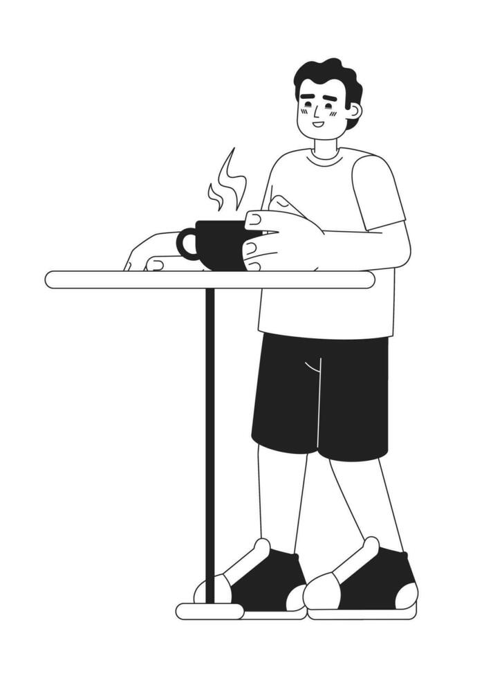 Happy hispanic man in cafeteria monochromatic flat vector character. Meeting. Drinking hot coffee. Editable thin line full body person on white. Simple bw cartoon spot image for web graphic design