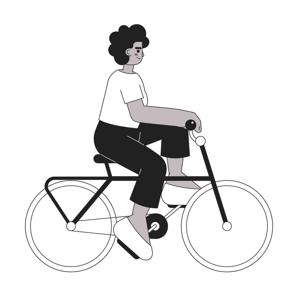 African american sport girl on bicycle monochromatic flat vector character. Fast moving. Editable thin line full body person on white. Simple bw cartoon spot image for web graphic design