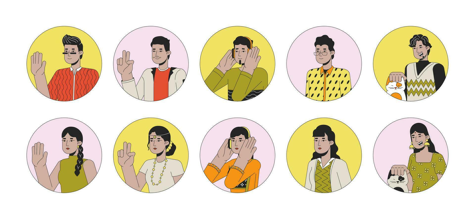 Happy indians south asians 2D linear vector avatars illustration set. Hindu women, men outline cartoon character faces collection. Wearing headphones, cat care flat color user profile images isolated