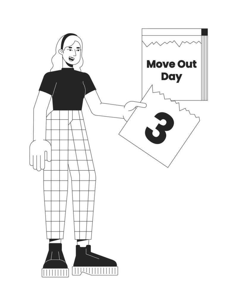 Moving out day calendar tear off black and white cartoon flat illustration. Caucasian woman rips page off countdown 2D lineart character isolated. Before moving monochrome scene vector outline image