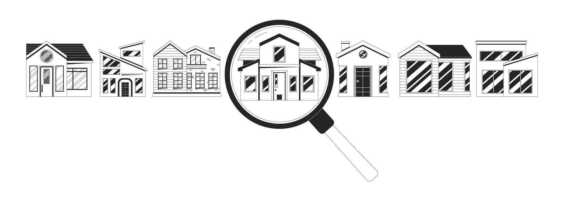 House hunting options choosing black and white 2D illustration concept. Loupe magnifying glass selecting home cartoon outline objects isolated on white. Apartment buy metaphor monochrome vector art