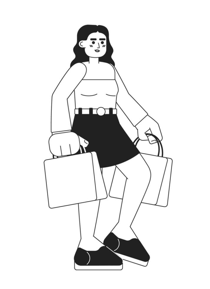 atractivo positivo consumidor monocromo plano vector personaje. mujer con compras compras. editable Delgado línea lleno cuerpo persona en blanco. sencillo bw dibujos animados Mancha imagen para web gráfico diseño