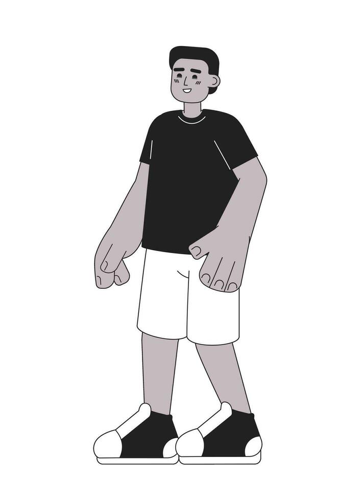 Positive african american boy monochromatic flat vector character. Short hair. Summer outfit. Editable thin line full body person on white. Simple bw cartoon spot image for web graphic design