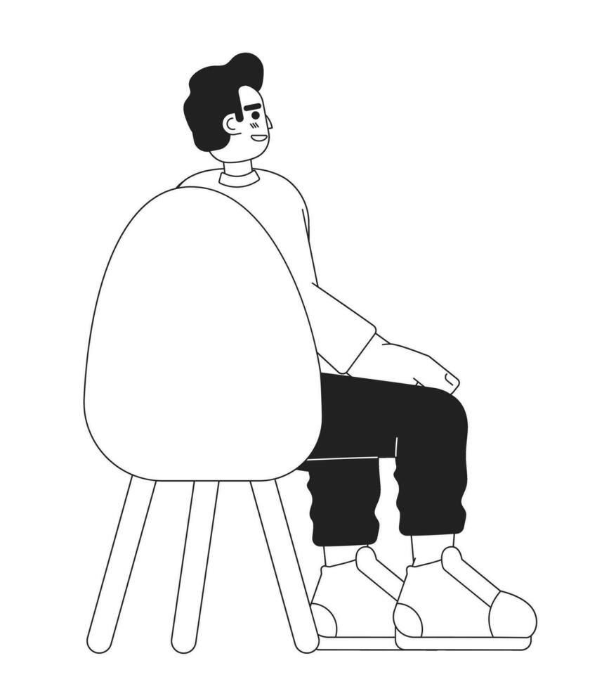 Middle eastern guy sitting in chair back view black and white 2D cartoon character. Arab young adult man seminar attendee isolated vector outline person. Monochromatic flat spot illustration