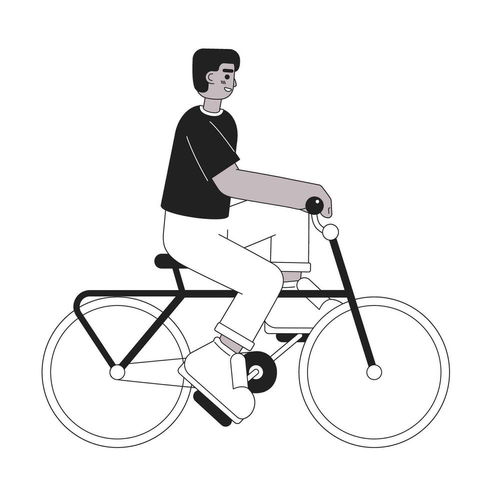 hombre montando en bicicleta monocromo plano vector personaje. africano americano chico en bicicleta. editable Delgado línea lleno cuerpo persona en blanco. sencillo bw dibujos animados Mancha imagen para web gráfico diseño