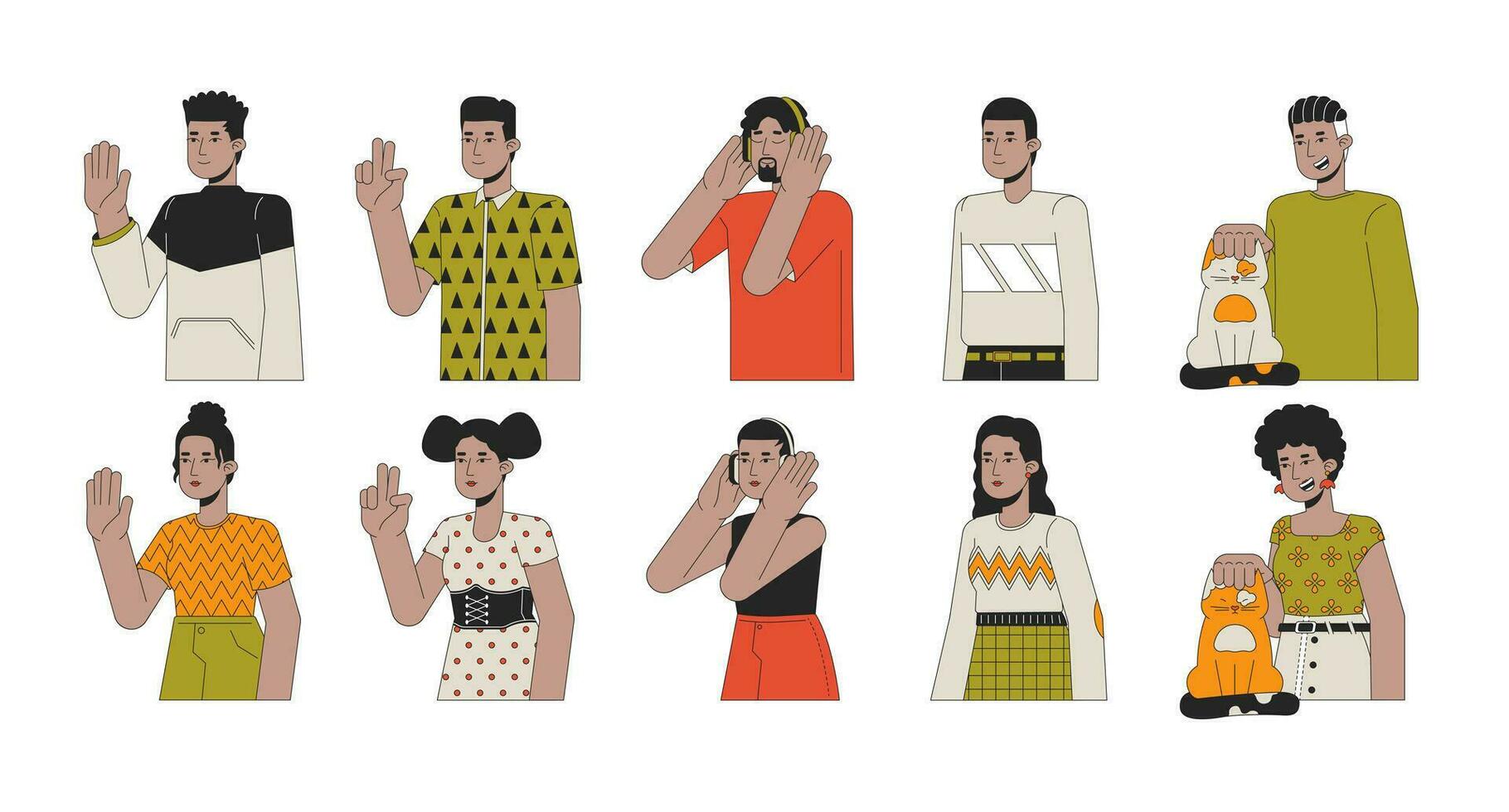 African american millennial 2D linear cartoon characters set. Black men, afro women isolated line vector people white background. Hello, peace hand, music enjoy color flat spot illustration bundle