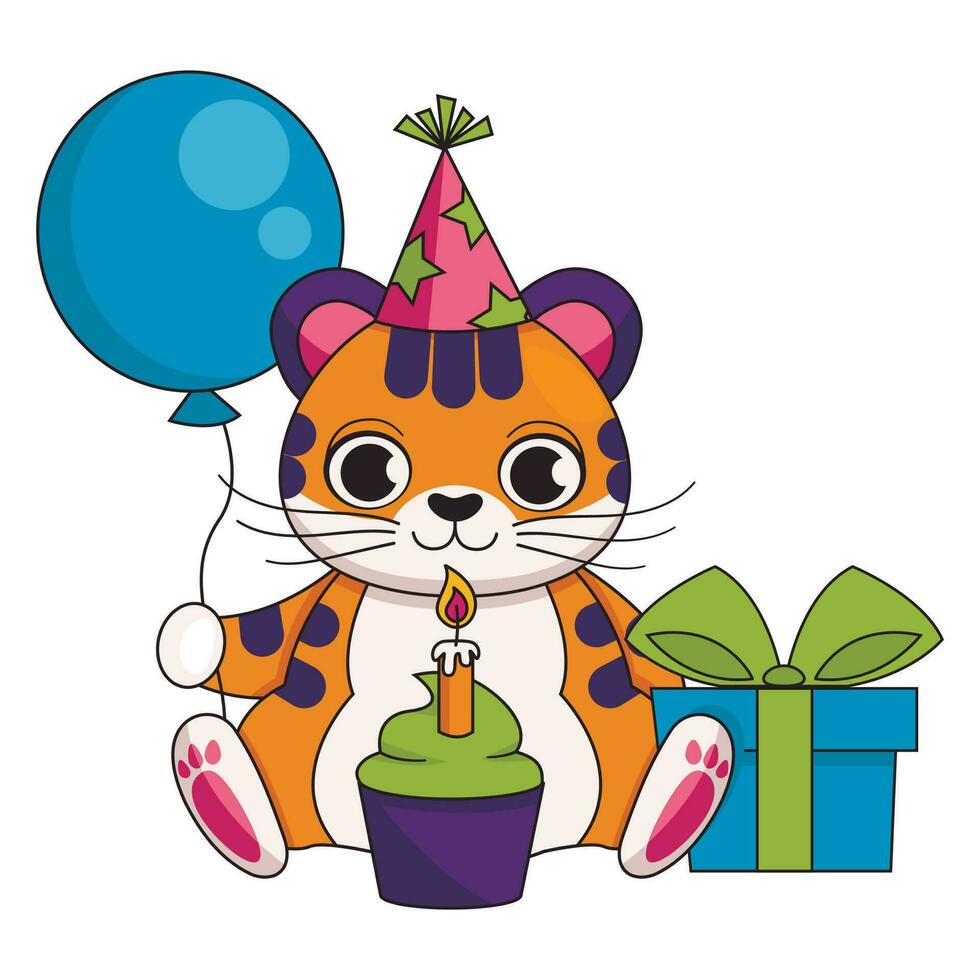 Cute tiger in a festive cap with a cupcake and a burning candle, a gift and balloon. Happy birthday. Vector graphic.