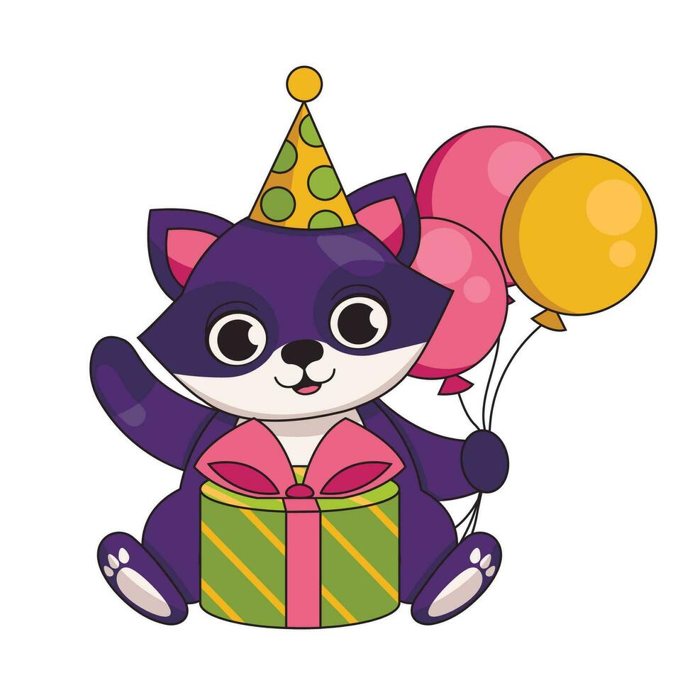 Cute raccoon in a festive cap with a gift and balloons. Happy birthday. Vector graphic.