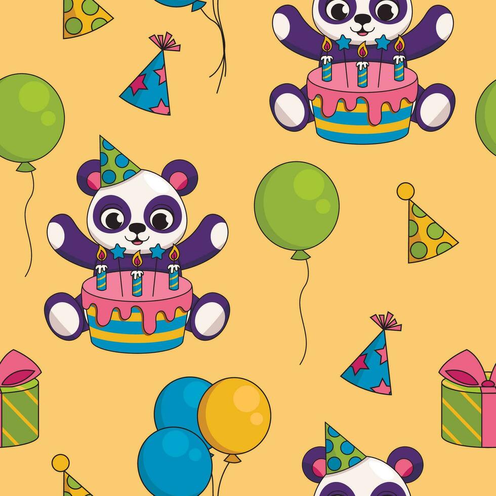 Seamless holiday pattern. Birthday. Cute panda in a festive hat with a cake, gifts and balloons. Vector graphic.