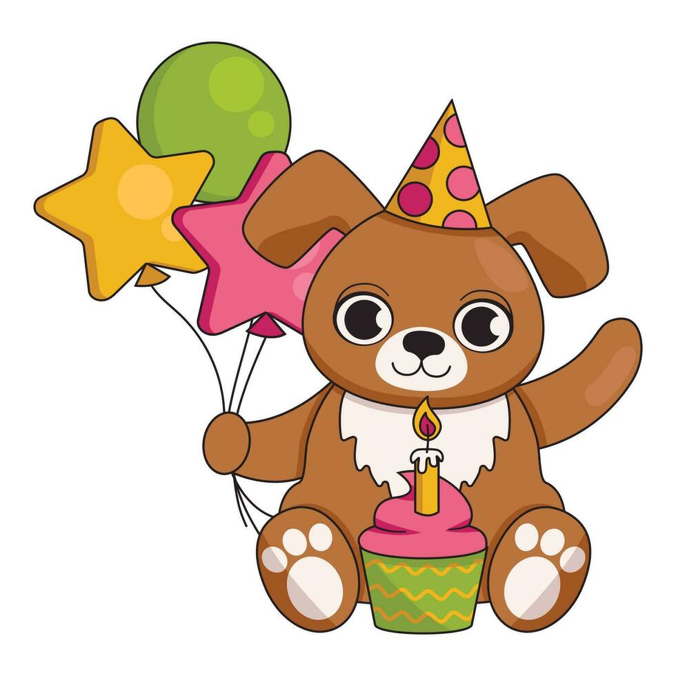 Cute dog in a festive cap with a cupcake and a burning candle and balloons. Happy birthday. Vector graphic.