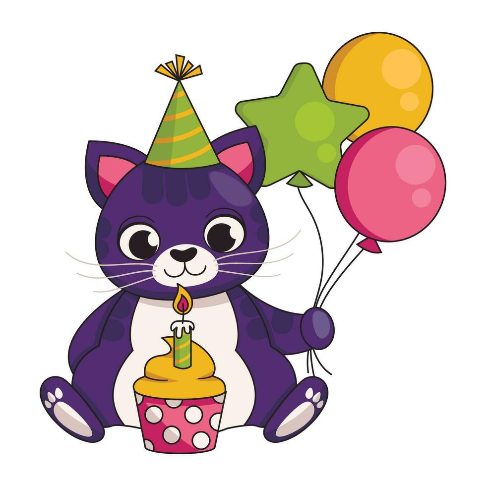 Cute cat in a festive cap with a cupcake and a burning candle and balloons. Happy birthday. Vector graphic.