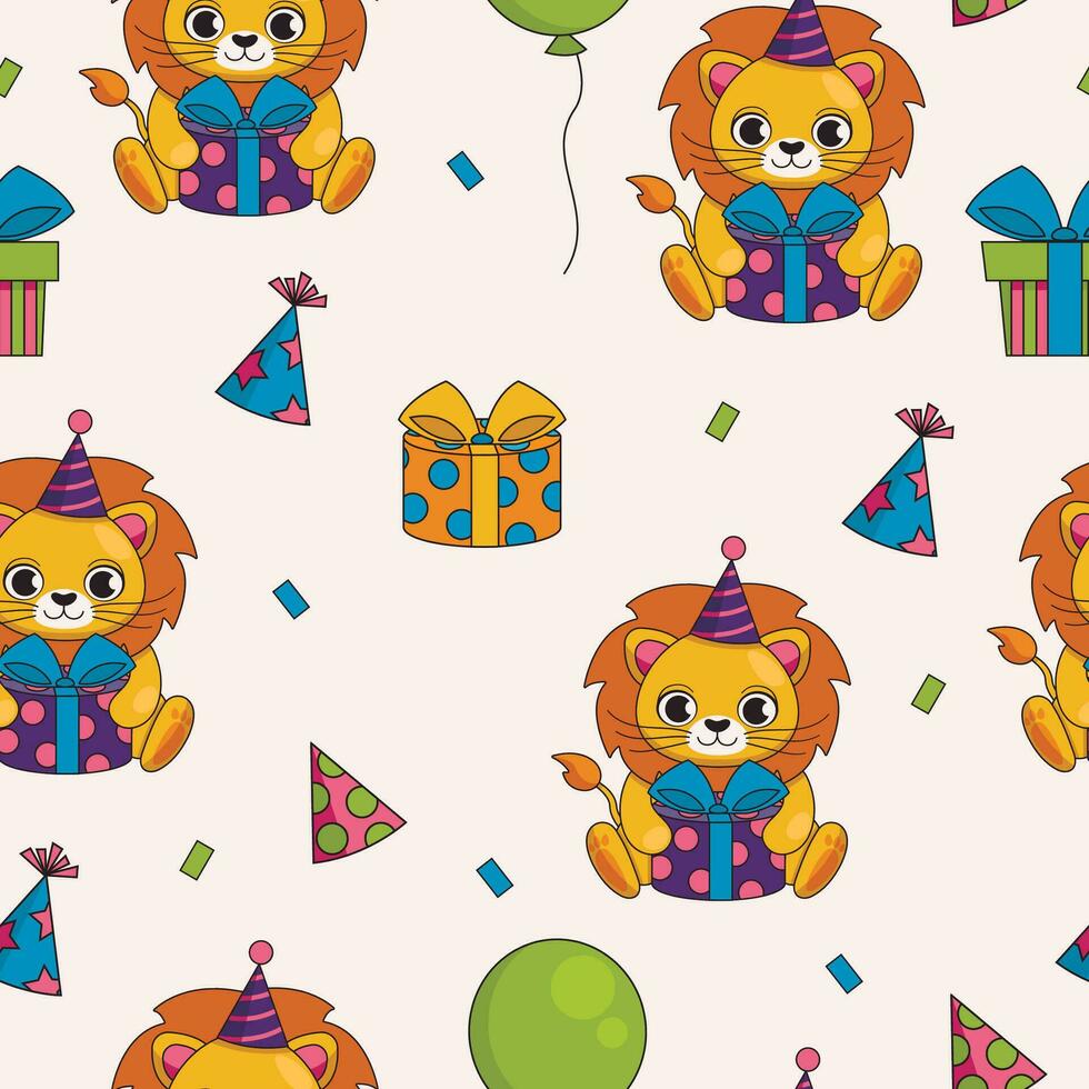 Seamless holiday pattern. Birthday. Cute lion in a party cap with gifts and balloons. Vector graphic.