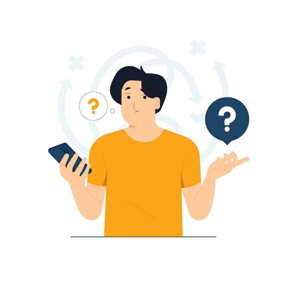 Confused uncertain feeling doubtful decision, question mark, dilemma, undecided, thinking man worry and think with serious thoughtful expression concept illustration vector