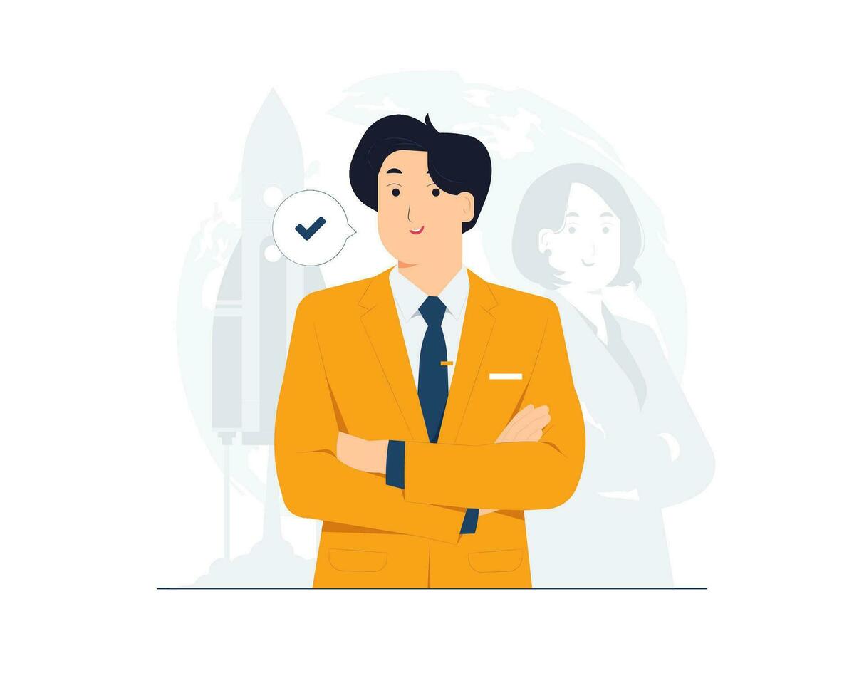 Powerful Successful Young Businessman standing with crossed arms, high self esteem, confidence , pointing finger at himself with proud concept illustration vector