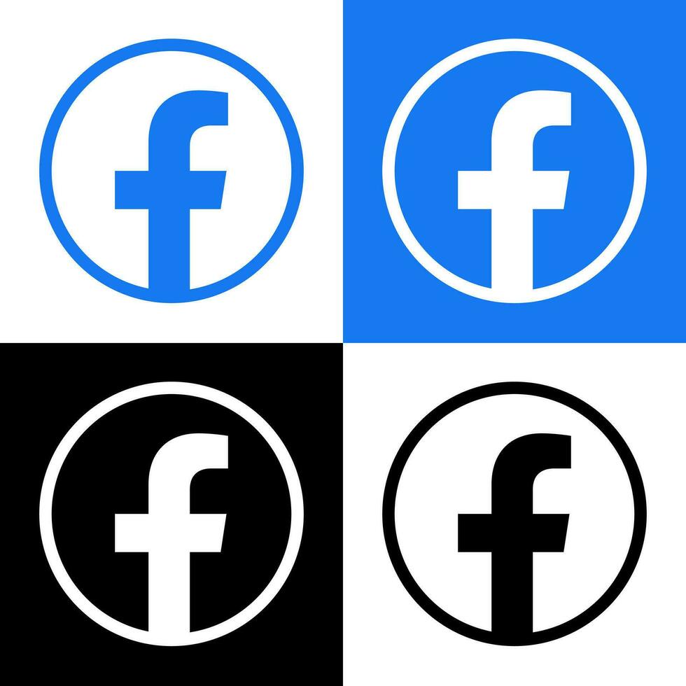 Facebook Logo - Vector Set Collection - Black Silhouette Shape - Original Latest Blue Color - Isolated. F Icon for Web Page, Mobile App or Print.