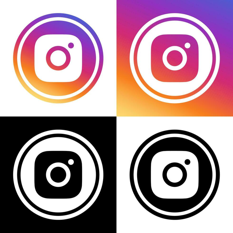 Instagram Logo - Vector - Set Collection - Black Silhouette Shape and Original Gradient - Isolated. Instagram Latest Icon for Web Page, Mobile App or Print.