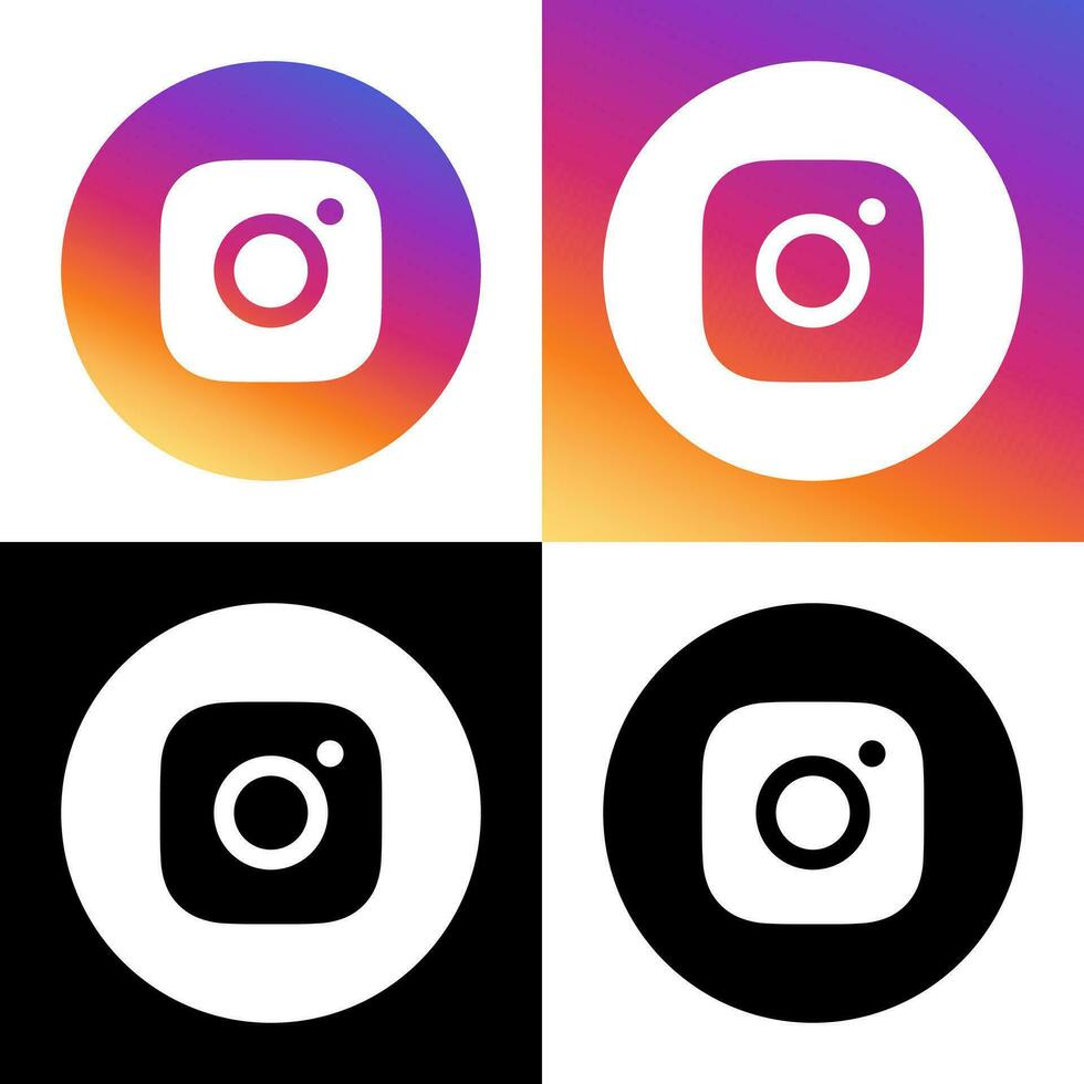 Instagram Logo - Vector - Set Collection - Black Silhouette Shape and Original Gradient - Isolated. Instagram Latest Icon for Web Page, Mobile App or Print.