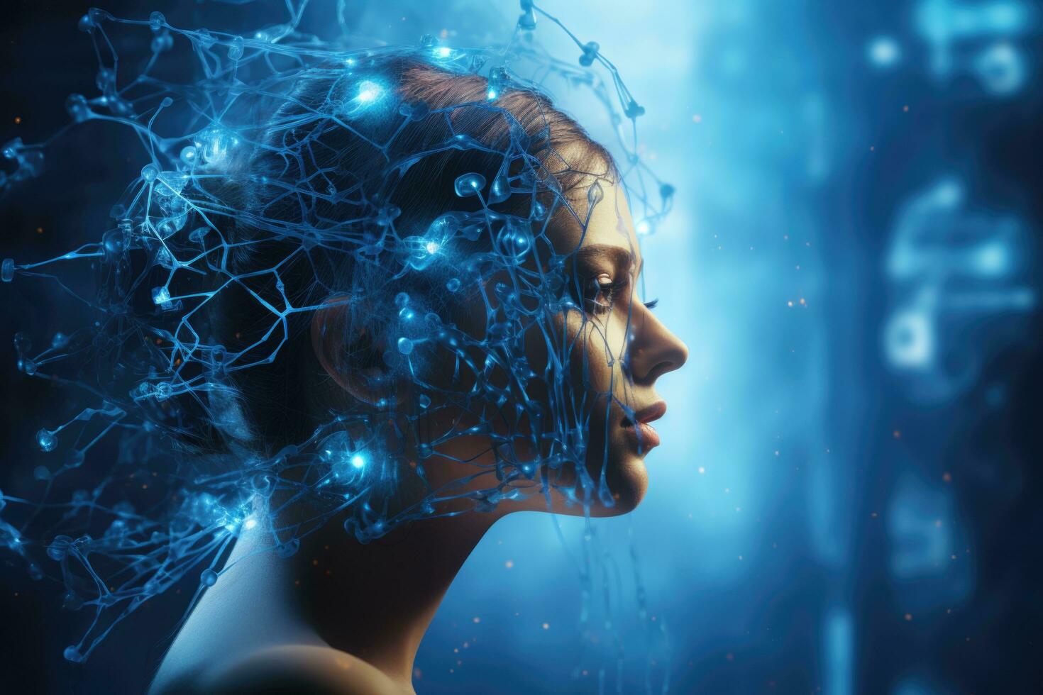 el mujer es acribillado con neural conexiones artificial inteligencia y humano concepto foto