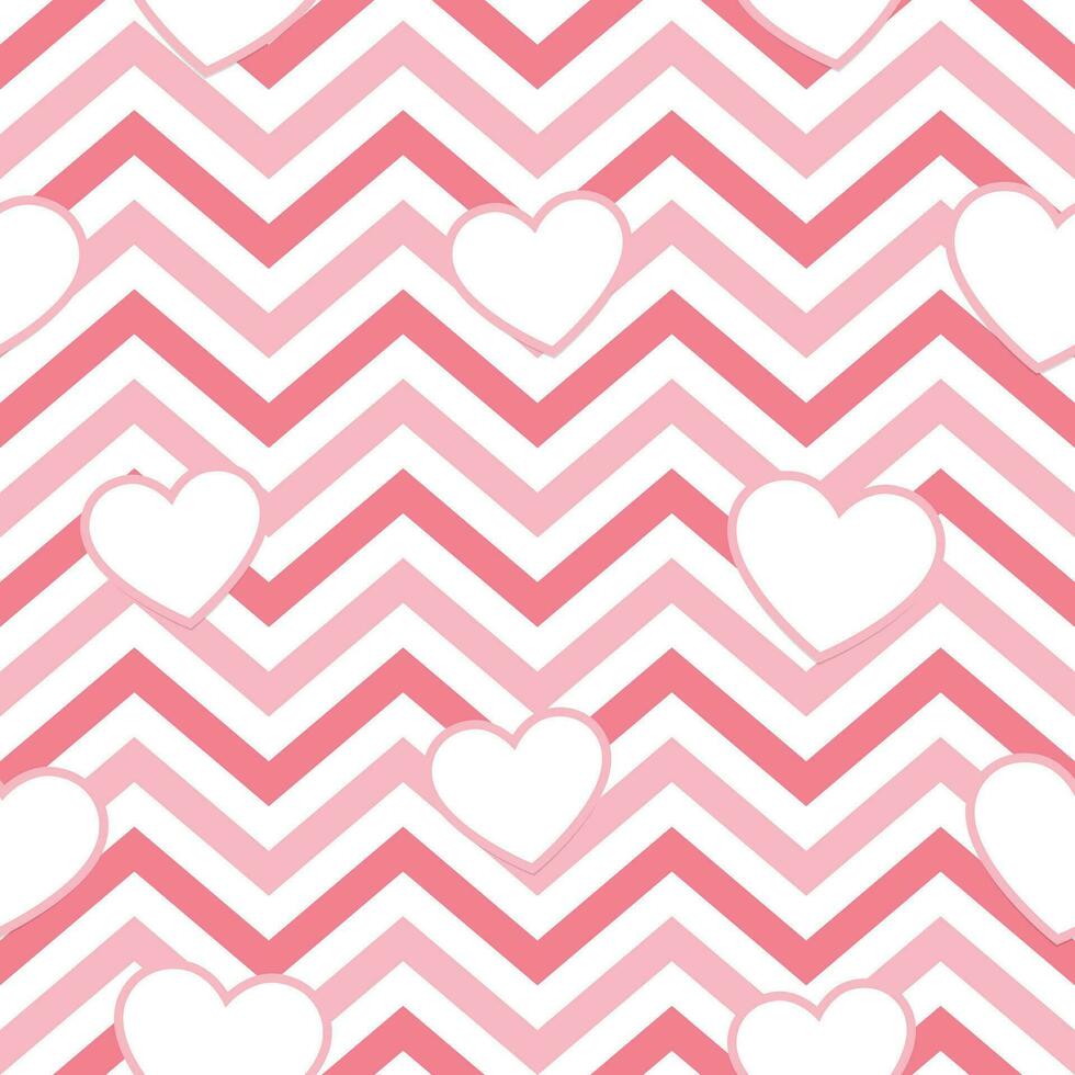 Pink Hearts on Geometric Zig Zag Seamless Background, Vector Pattern