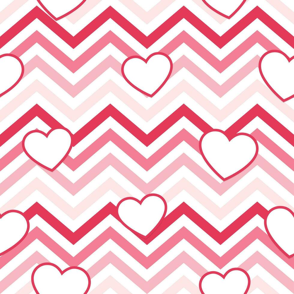 Pink Hearts on Geometric Zig Zag Seamless Background, Vector Pattern