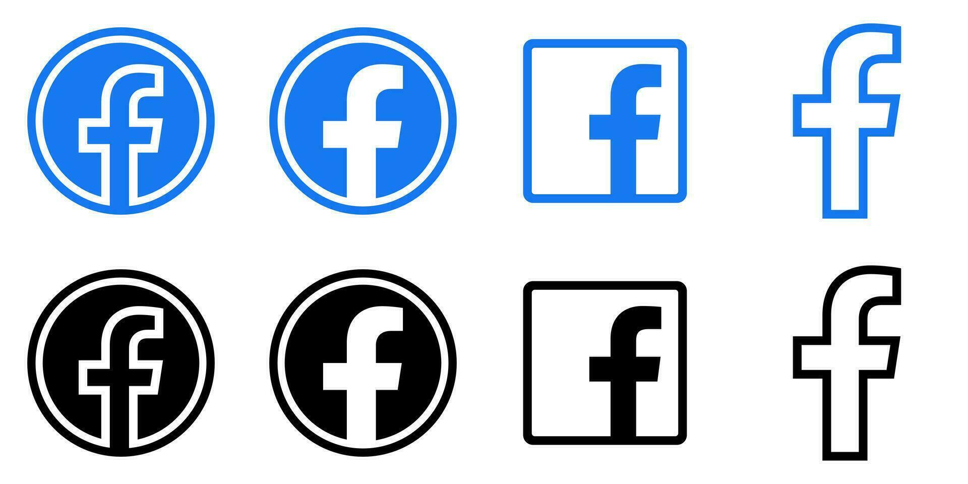 Facebook Logo - Vector Set Collection - Black Silhouette Shape - Original Latest Blue Color - Isolated. F Icon for Web Page, Mobile App or Print.